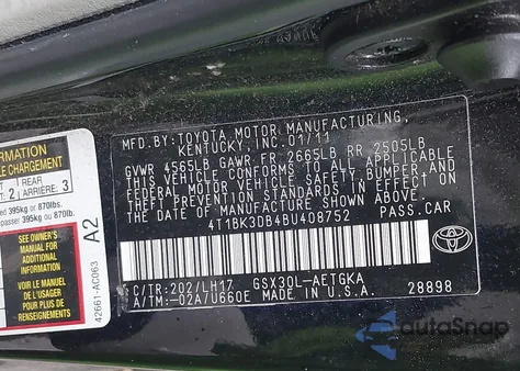 2011 Toyota Avalon z USA, uszkodzony, nr VIN 4T1BK3DB4BU408752